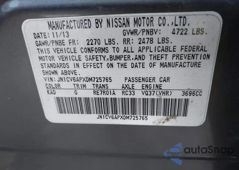 2013 Infiniti G37 Journey from USA, damaged, VIN JN1CV6APXDM725765